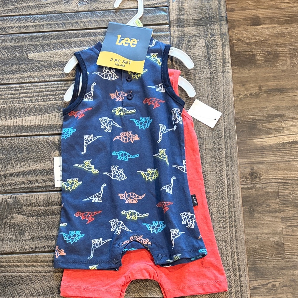 Lee Navy Sleeveless Baby Romper Set with Neon Dino Print & Coral Undersuit